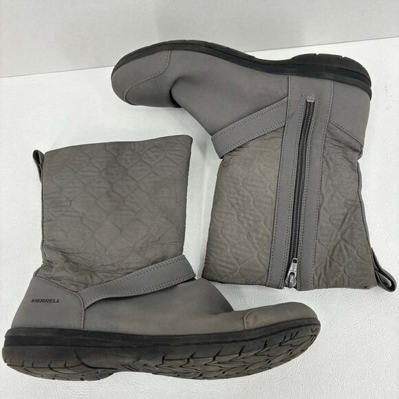 Merrell Mid Calf Winter Boots Side Zip Quilted Gray Fleece Lined Women's Size 9 - Picture 2 of 8